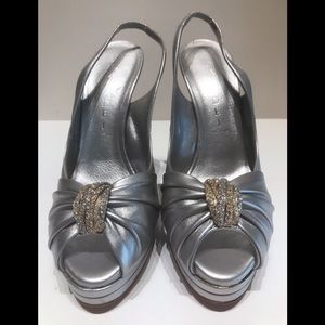 Casadei Silver Slingback Platform Heels with Gold Crystal Accent